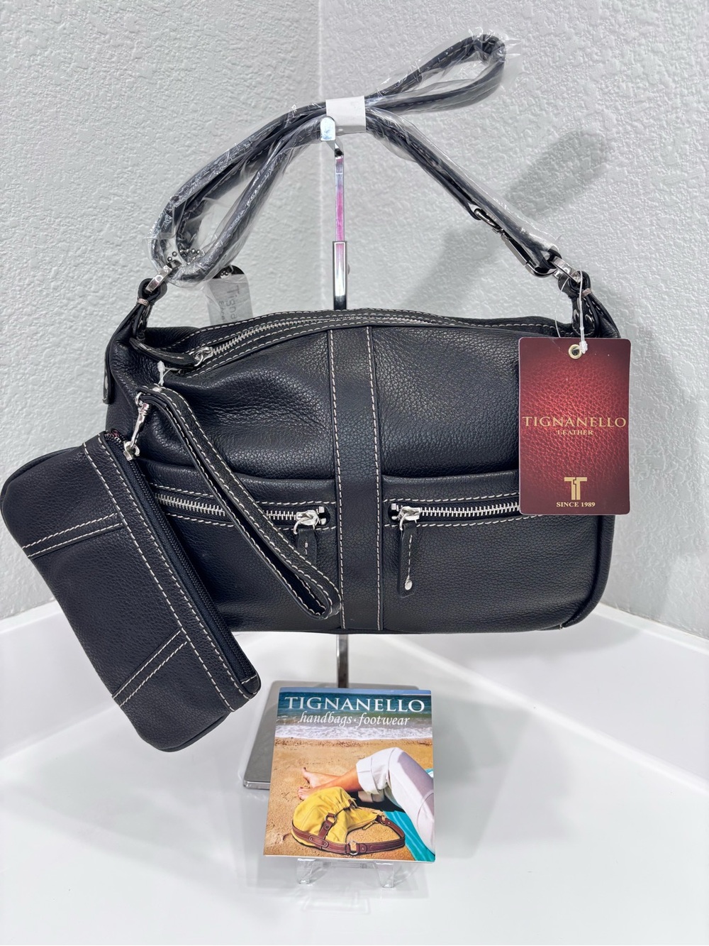Tignanello Black Pebbled Leather Shoulder Bag with Wristlet